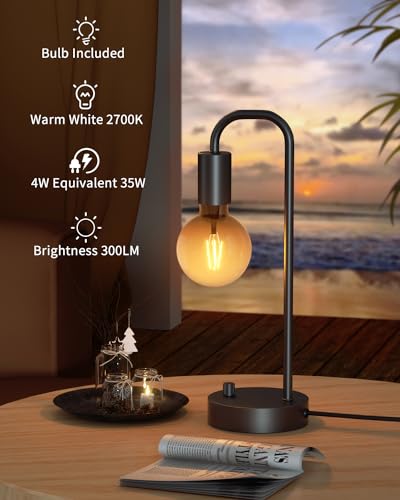 ONEWISH Industrial Table Lamp for Bedroom, Fully Dimmable Modern Bedside Lamps with 2700K Warm Light Bulb for Kids Readin...