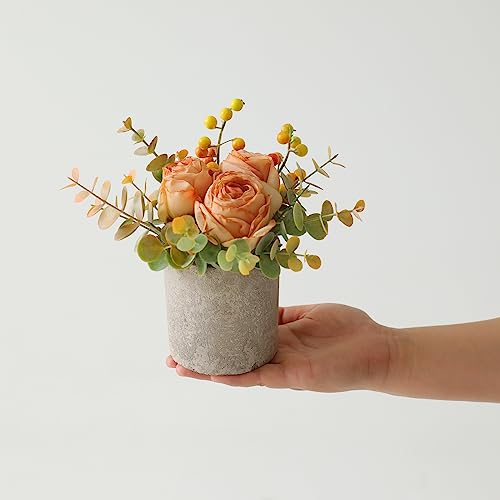 Rosscer Small Artificial Burnt Orange Rose Potted Plant, 6" Fake Silk Flowers in 3" Cylindrical Pot, Mini Faux Floral Arra...