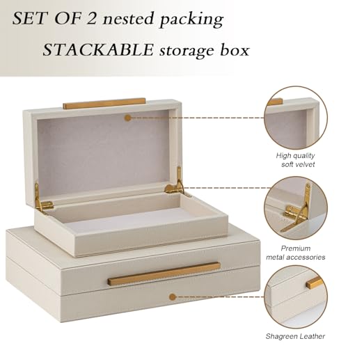 Set of 2 Beige Shagreen Decorative Storage Boxes with Gold Metal Handles – Faux Leather Jewelry & Memory Boxes, Nesting Ph...