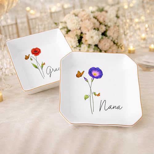 Personalized Birth Month Flower Trinket Tray for Women, Custom Jewelry Dish Birthday gifts for Women, Customized Birth Mon...