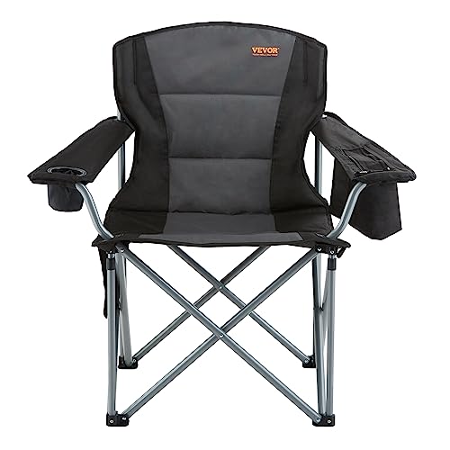 VEVOR Oversized Camping Folding Chair, Portable Heavy Duty Outdoor Quad Lumbar Back Padded with Side Pockets, Cup Holder a...