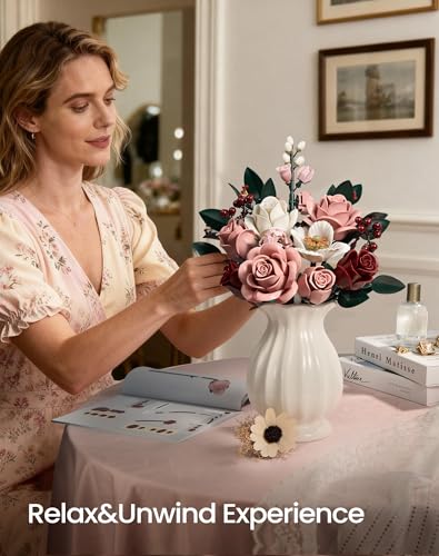 iATOM Pink Roses Flower Bouquet Building Set, Artificial Flowers Botanical Collection Kit for Adults Women & Men - Gift fo...