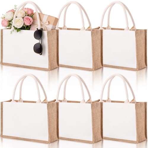 SOUJOY 6 Pack Burlap Tote Bags, Reusable Jute Gift Bags with Handles, Water Resistant Beach Bag, 14.7" x 9.8" x 4.5" Canva...