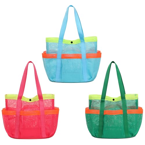 GQIRIL Mesh Beach Bag, Foldable Waterproof Sandproof Beach Storage Tote with 6 Pockets, Swim Tropical Vacation Pool Essential