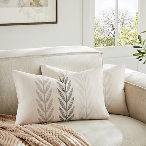 YZJZEDS 100% Cotton Farmhouse Leaves Lumbar Throw Pillow Covers Set of 2, 12x20 Inch Mixed Grey Pastoral Decorative Print ...