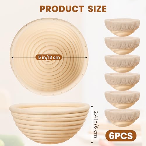 5 Inch Banneton Bread Proofing Basket Set of 6, Kikcoin Mini Sourdough Bread Baking Supplies, Small Banneton Basket Proofi...