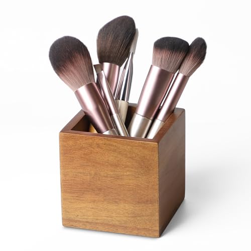 LBEMEY Acacia Wood Makeup Brush Holder Organizer for Vanity,Pen and Pencil Holder for Desk,Desktop Organizer for Store Mar...
