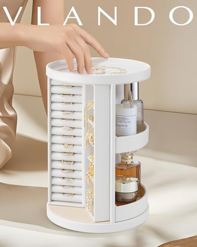 VLANDO 360°Rotating Jewelry Box,Earring Organizer Large Vertical Jewelry Organizer with 6 Necklace Hooks, Open Ring Displa...