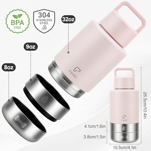 FUYEC Dog Water Bottle 32oz, Insulated Stainless Steel Travel Water Dispenser with 2 Detachable Dog Bowls for Food and Wat...