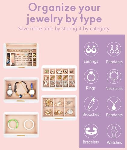 Irosiy 5 Layer Jewelry Box for Women, Glass Lid Jewelry Organizer with 5 Drawers for Necklaces Rings Earrings Bracelets(Pe...