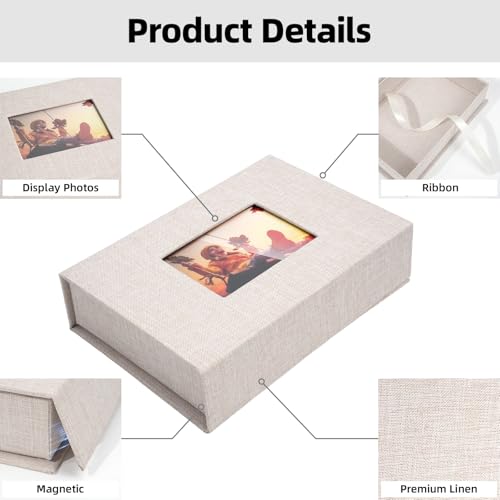 Hiwhy Linen Photo Storage Box, 4 x 6 Inch Memory Keepsake Organizer with Transparent Window, Stylish Photo Box for Storing...