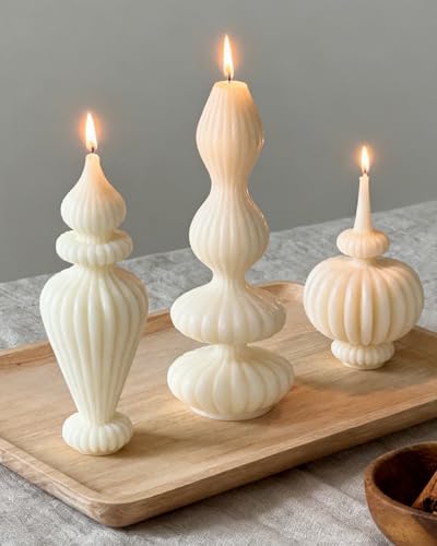 Ribbed Pillar Candles Set of 3，Modern Aesthetic Decorative Candle Set Cute Soy Wax Scented Ribbed Decor for Home Bathroom ...