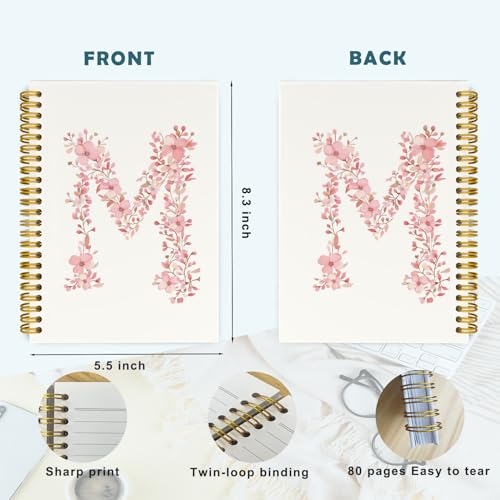 QROZIAR Pink Cute Spiral Notebook Journal, Preppy Floral Initial Letter M Personalized Journaling Notebooks, Monogrammed G...