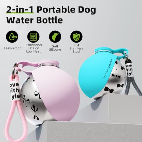 2-in-1 Portable Dog Water Bottle for Small Dogs - Leak-Proof & Compact Dog Travel Water Bottle -Stainless Steel Bottle & S...