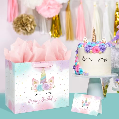 13" Large Unicorn Birthday Gift Bag with Card and Tissue Paper for Baby Girls and Kids Birthday (13in Pink)