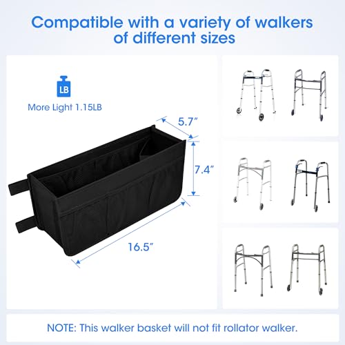 Dotday Upgraded Walker Basket with Cup Holder, Foldable Walker Bag with Large Capacity & Never Tipping Over- Not Fit for R...