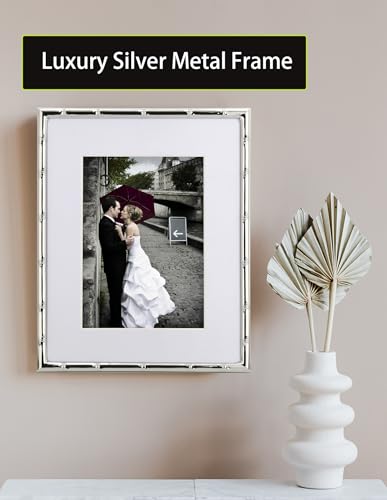 YiPinYin 8x10'' Bamboo Detail Designs Silver Metal Picture Frame with Mat for 5x7'' Set of 2,Narrow Silver Plated Photo Fr...