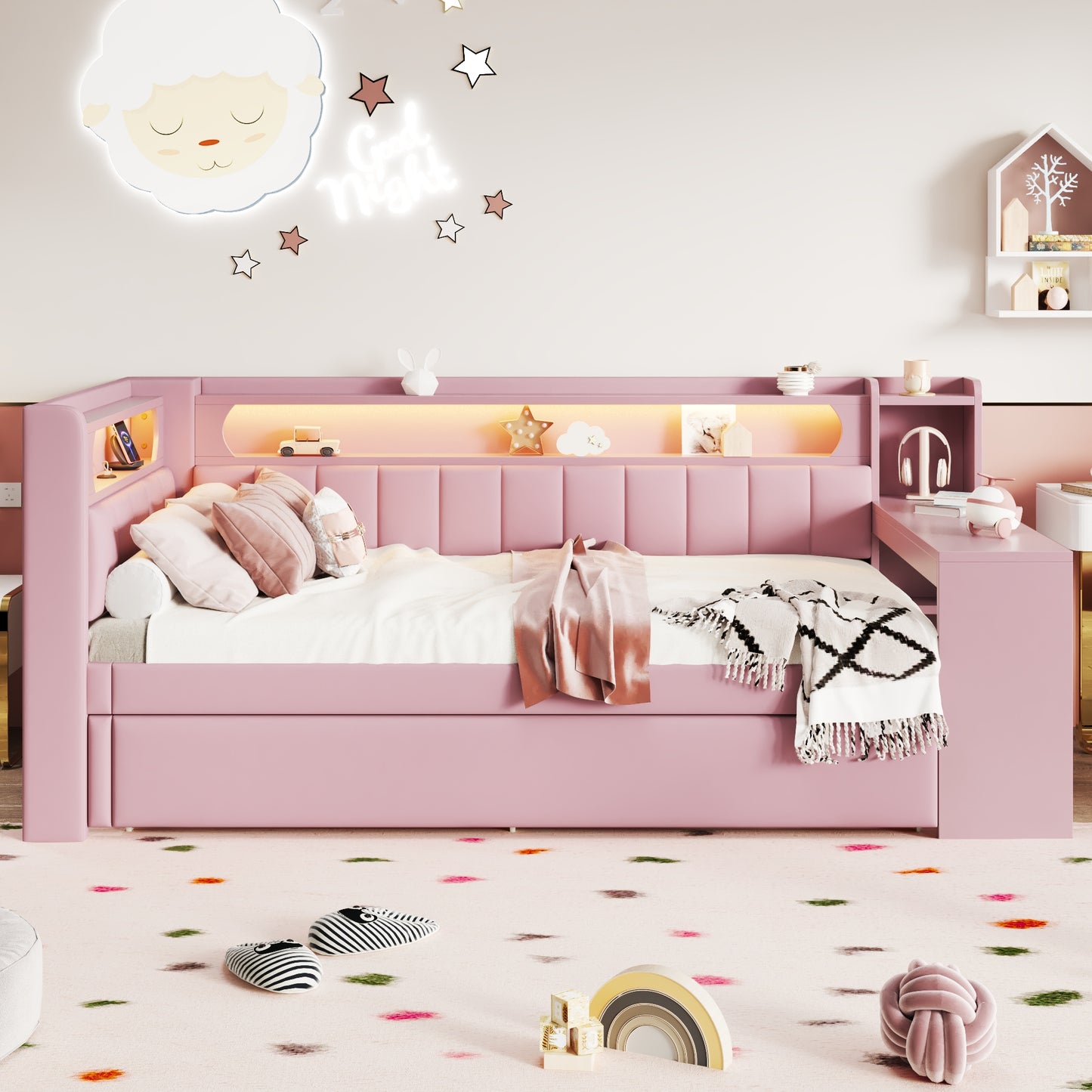 Padded 90x200 Daybed With USB Ports And LED Belt, With Trundle Bed And Desk, Pink