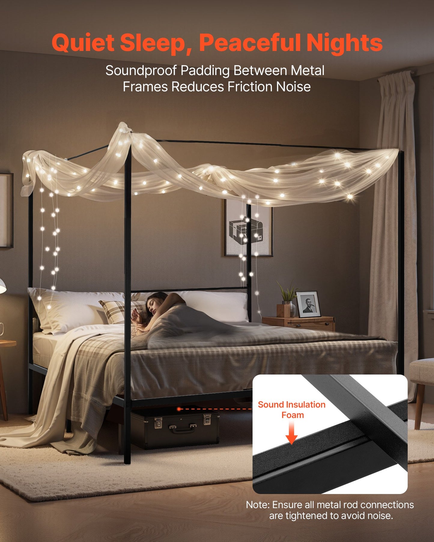 King Size Canopy Bed Frame, Metal Canopy Bed With Charging Station And Four Posters Design, Heavy Duty Steel Slats Support, Underbed Storage Space, No Box Spring Needed, Easy Assembly, Black