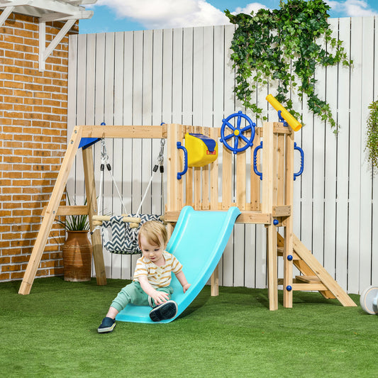 Swing Set for Backyard, Wooden Toddler Outdoor Playset with Baby Swing Seat, Kids Slide, Fort, Playground Equipment with Captains Wheel, Telescope for Ages 1.5-4, Natural