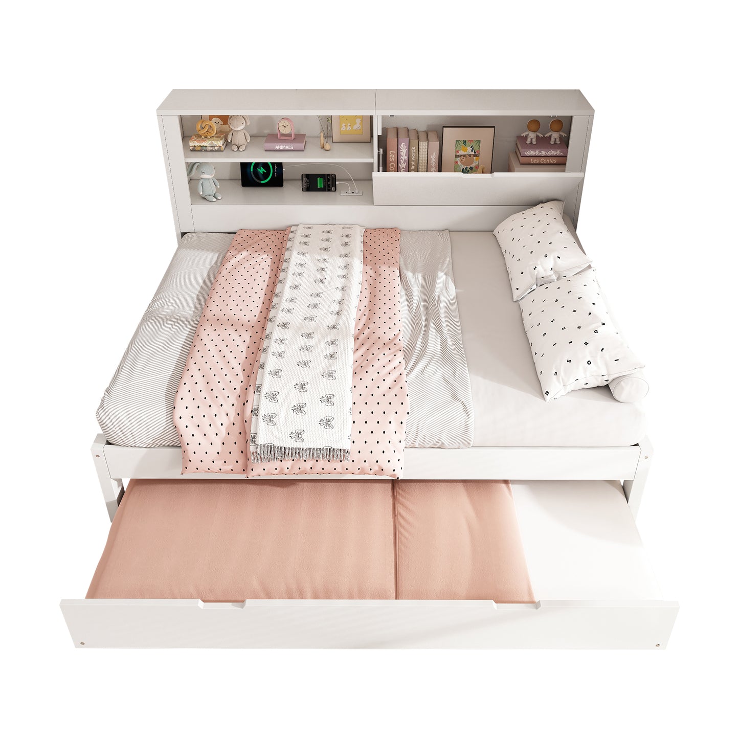 Sofa Bed Double Bed 140x190 Cm With Pull-out Bed 90x190, White Bed Frame With Storage Back Panel, Open Compartment, Concealed Folding Storage Space, USB-USB-C Charging Station, Slatted Base, Without M