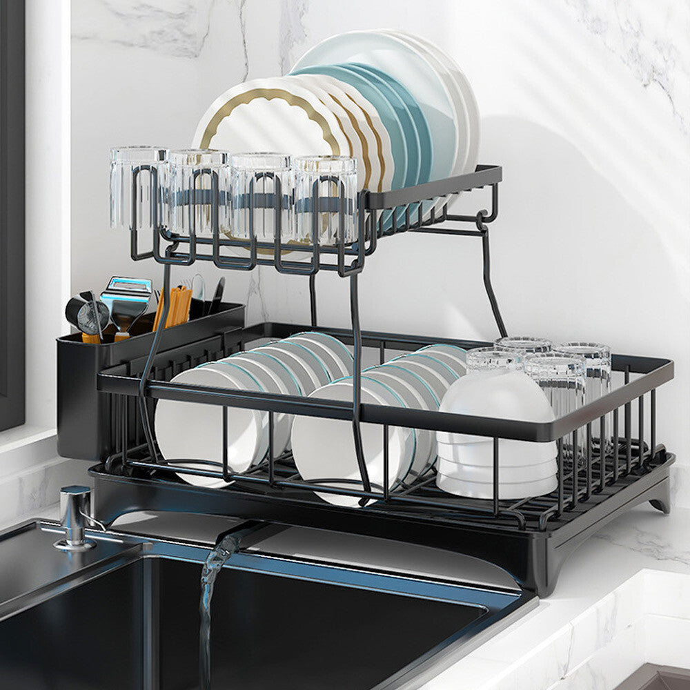 2 Tier Dish Drainer Drying Rack With Cup Holder Cutlery Tray Kitchen Organiser