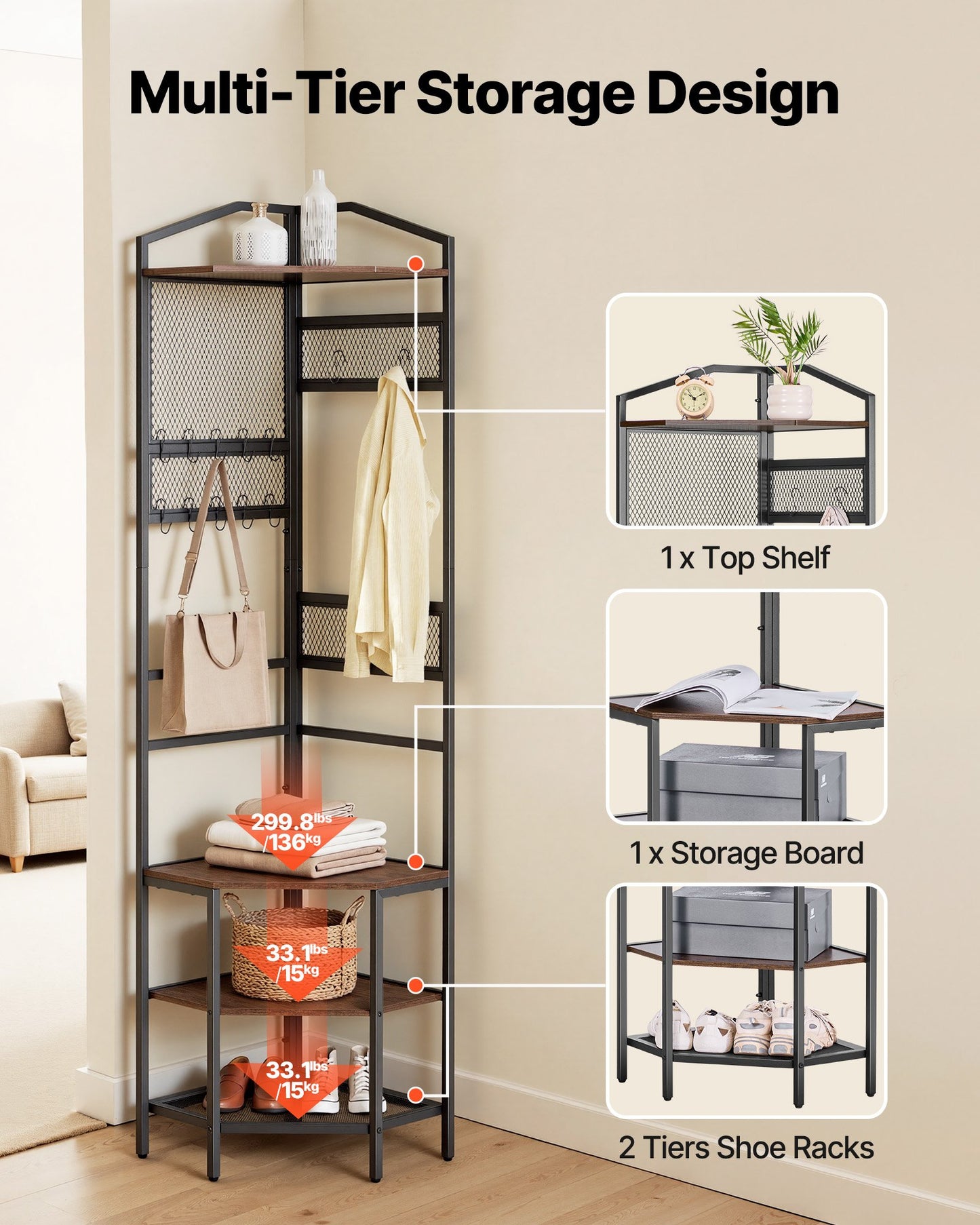 Corner Hall Tree, 71.3 In Coat Rack With Hooks, Top Shelf & Steel Frame, Freestanding Clothes Shoes Rack Storage Organizer With Anti-Tip Set, Adjustable Non-Slip Feet For Entrance Closet Office