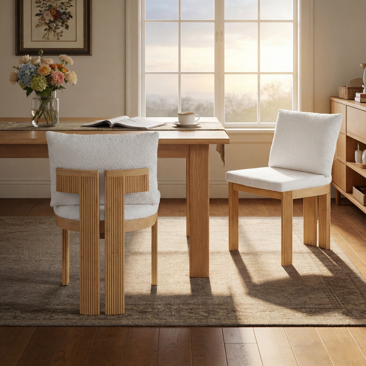 Indoor Boucle Dining Chair Set Of 2, Rubber Wood Frame, Plush Beige Boucle Seating, 250lbs Weight Capacity For Kitchen & Dining Room