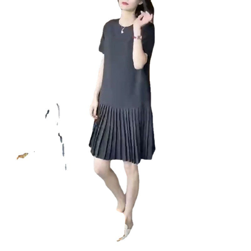 Summer New Korean-style Loose-fit Solid-color Youthful Mid-length Pleated Dress