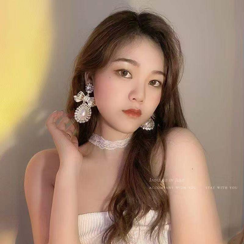 Korean Elegant Pearl Bow Drop Earrings For Women, Water Drop Vintage Palace Celebrity Style Light Luxury Fashion Stud Jewelry