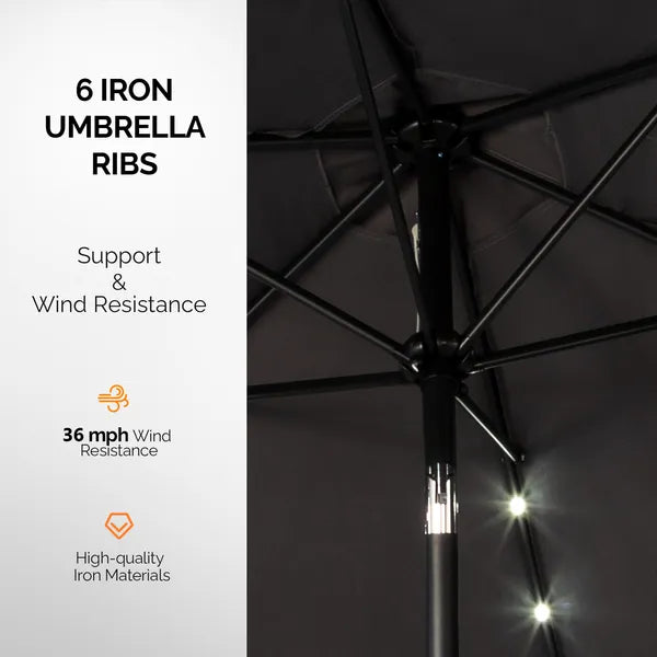 9ft Solar LED Patio Umbrella With Push Button Tilt & Crank, 6 Ribs Waterproof Polyester Outdoor Market Table Umbrella For Garden Backyard Pool, Gray