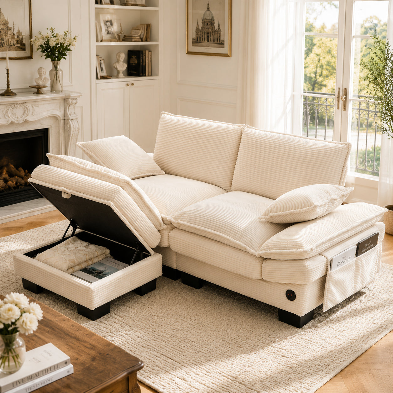 Modular 2-seater Corduroy Sofa  With Stool Wide Seat, Ergonomic Design, High-density Foam Padding, USB-C Port And Side Pockets. Ideal For Living Room, Office Or Lounge.Beige