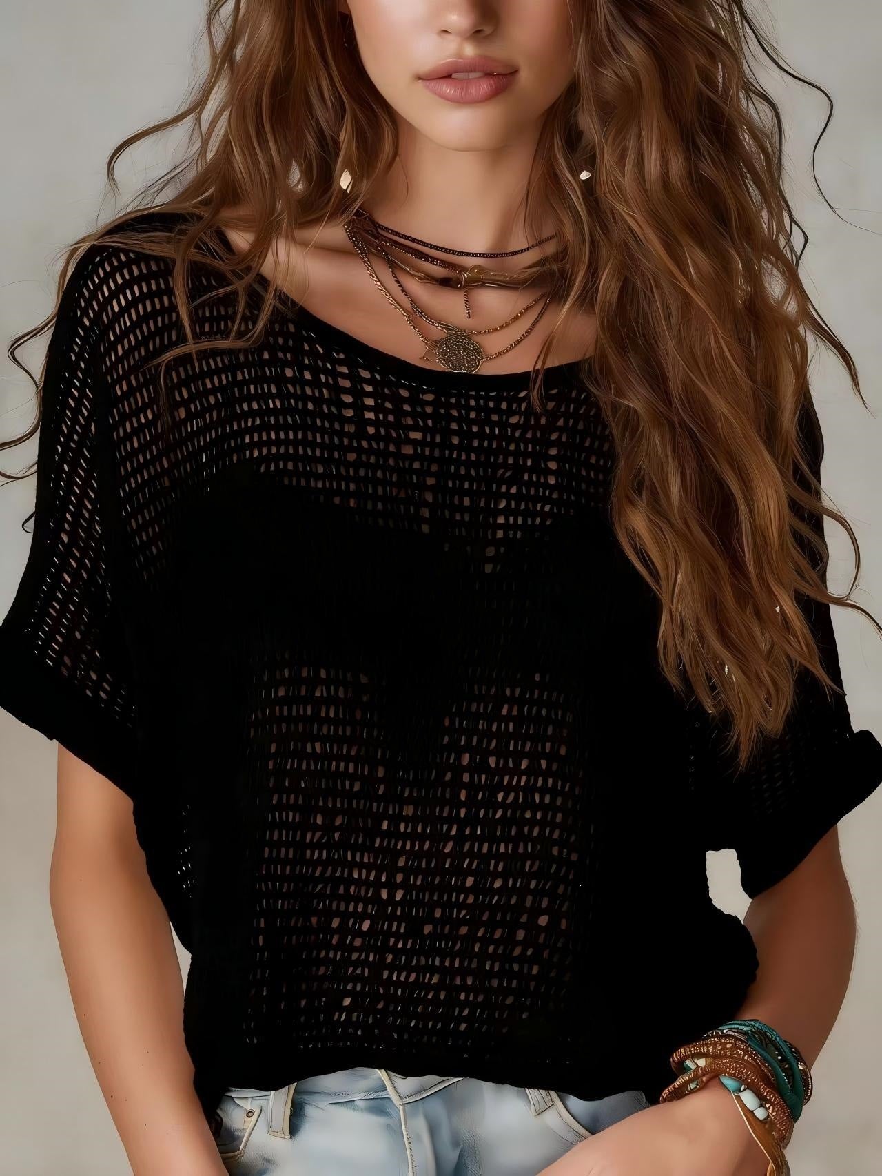 New Womens Bohemian Crochet-knit Solid-color Short-sleeve Sweater
