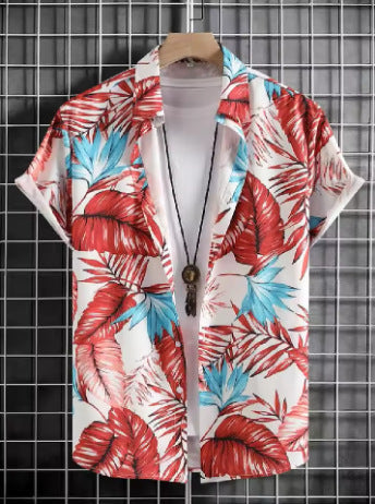 Retro-printed Short-sleeve Lapel-button Fashion Casual Jacket Shirt
