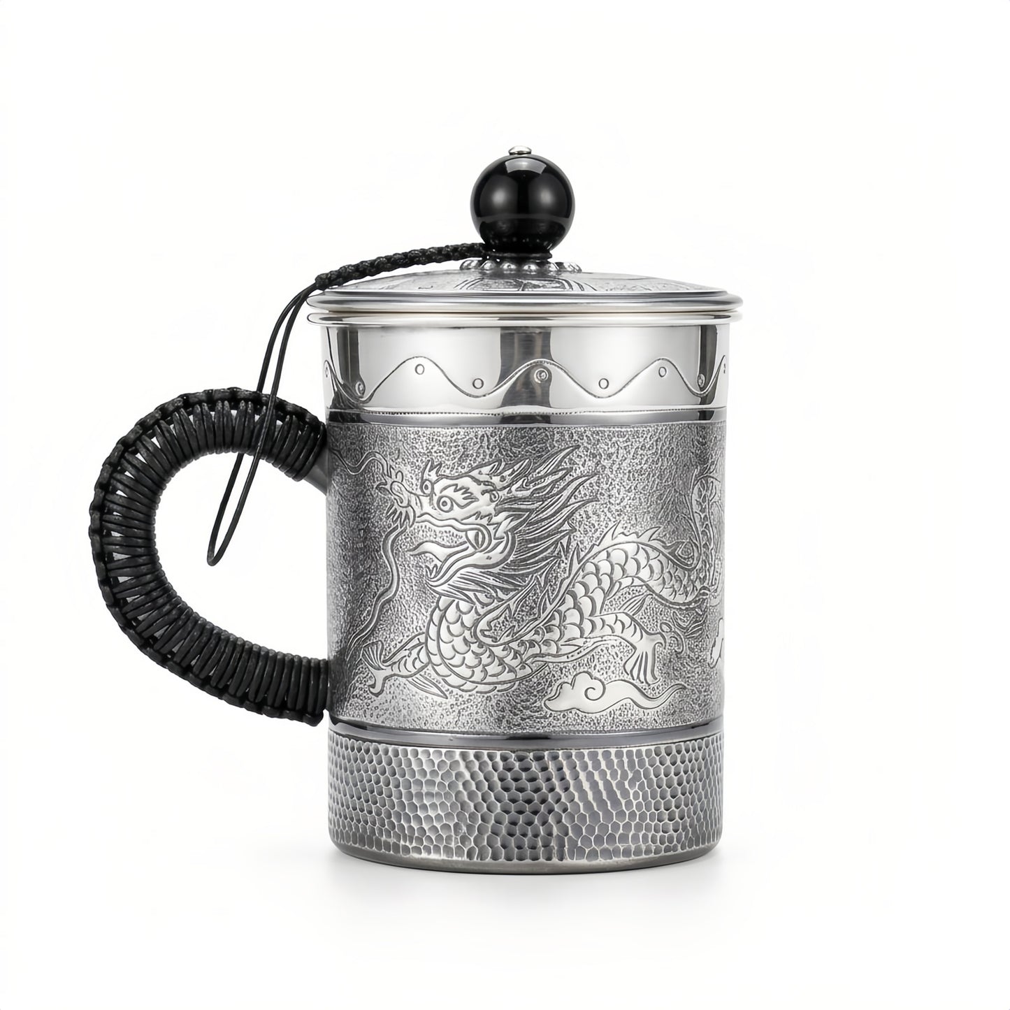925 Sterling Silver Handcrafted Silver Dragon Tea Mug with Engraved Details and Lid - Handicraft