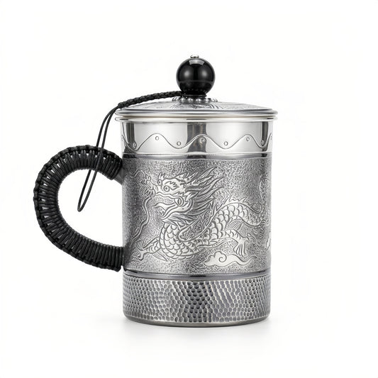 925 Sterling Silver Handcrafted Silver Dragon Tea Mug with Engraved Details and Lid - Handicraft