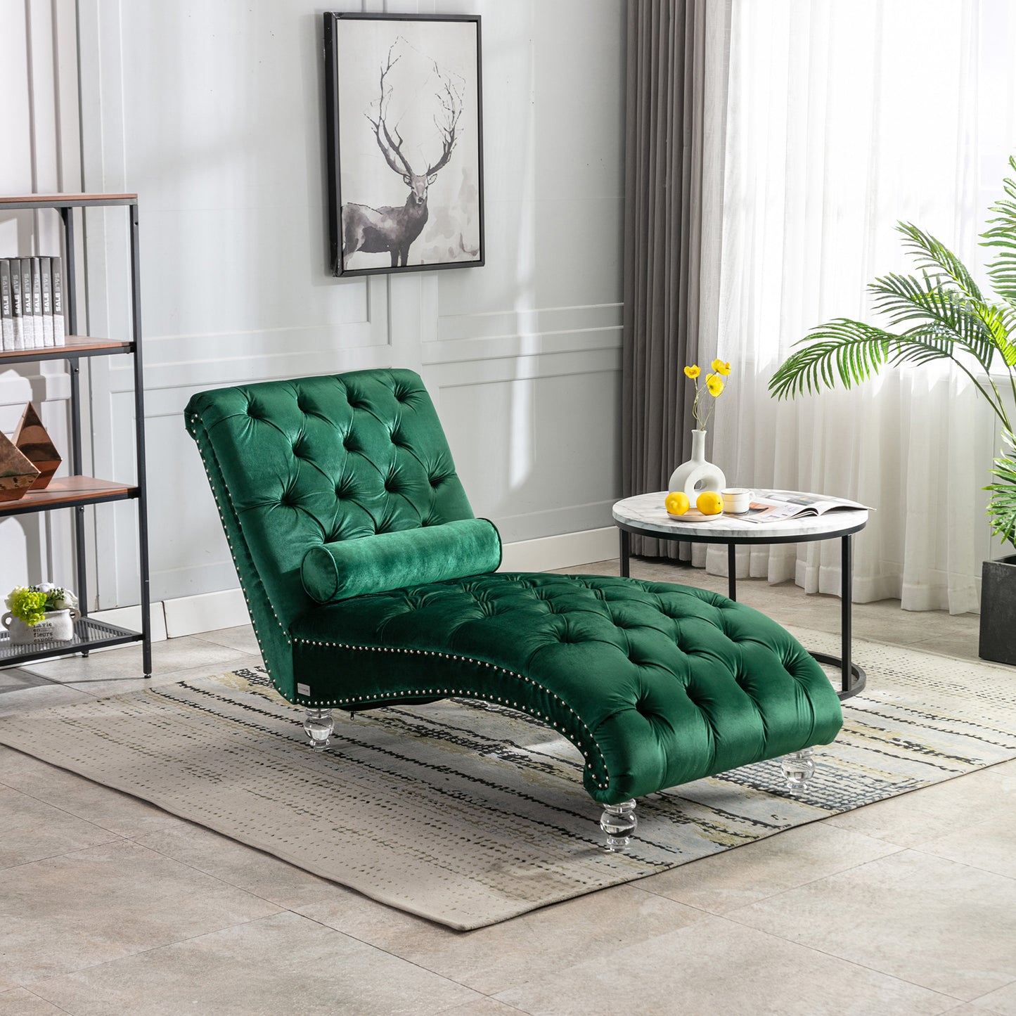 Velvet Chaise Lounge Indoor,Button-Tufted Upholstered Chaise Lounge Chair With Pillow For Bedroom Living Room Office  Emerald Velvet