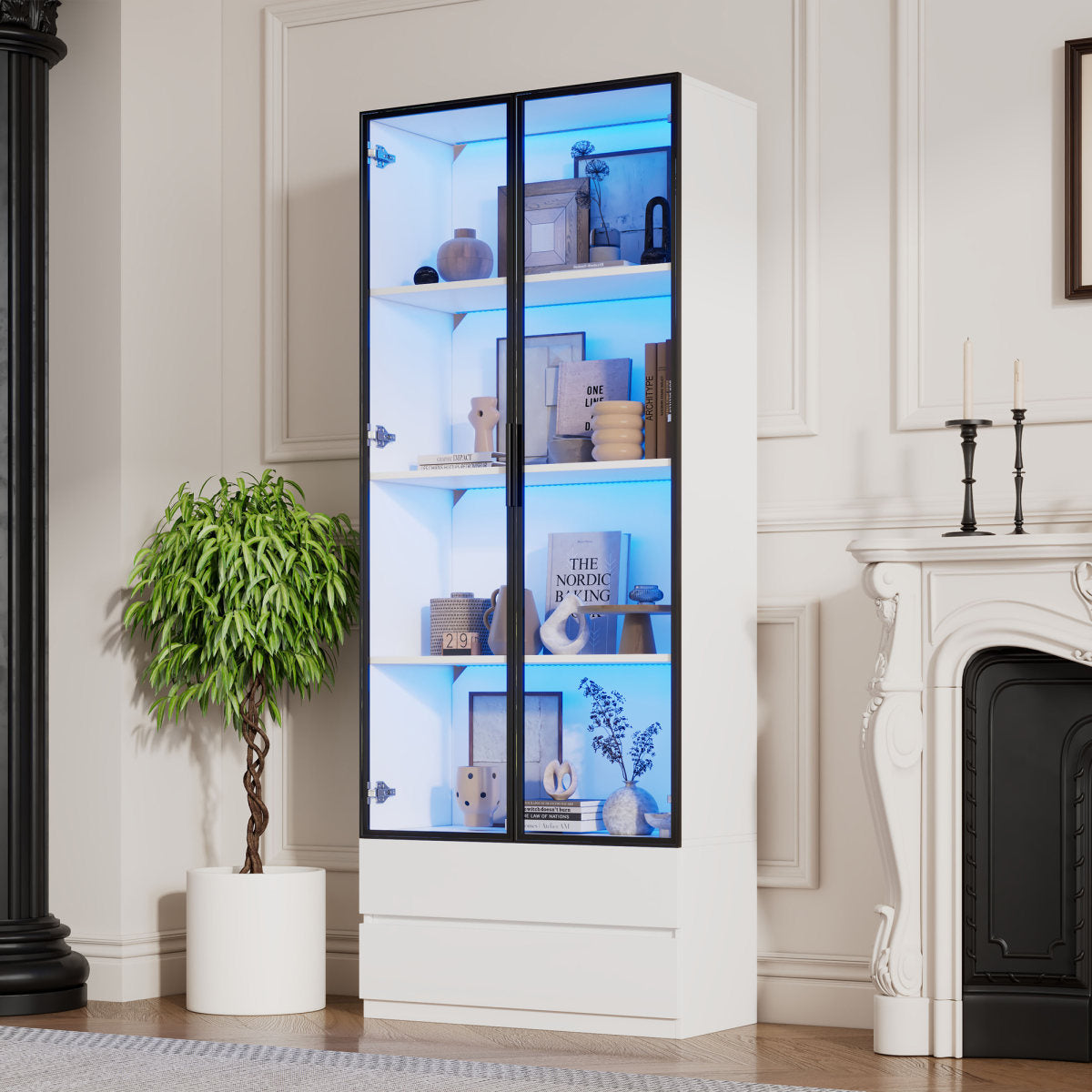 80 X 34 X 200 Cm Display Cabinet, Tall Cabinet With LED Lights, Living Room Side Cabinet With 2 Doors, Display Cabinet With 2 Drawers, Storage Shelves, Bookcase, Display Shelf, Aluminum Frame, White