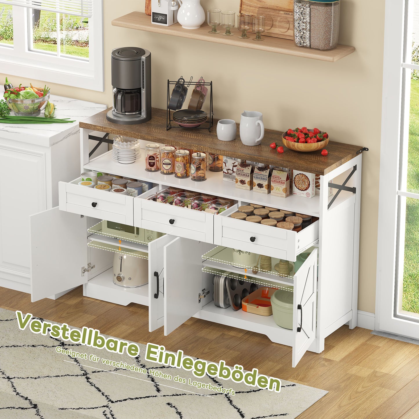 Buffet Sideboard 140cm With Storage Space, Coffee Bar With 3 Drawers, Console In Country Style With Doors, Cabinets With Shelves, Suitable For Kitchen, Living Room, Hallway, Rustic Style White Brown