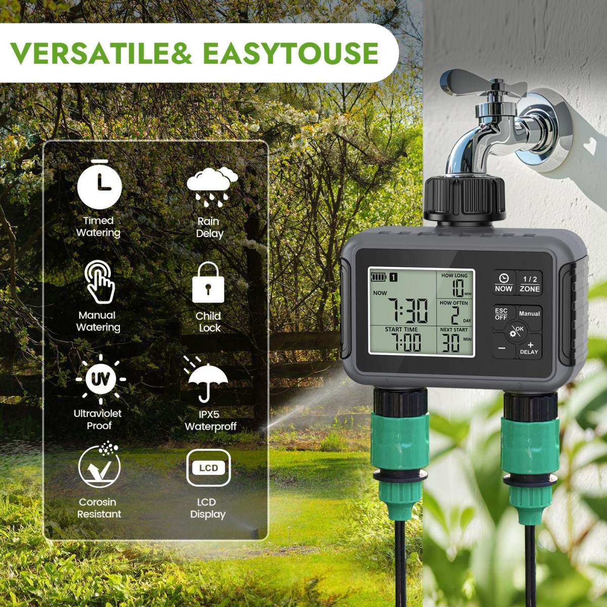 Dual-Outlet Water Valve TimerSmart Irrigation Controller For Outdoor Courtyards