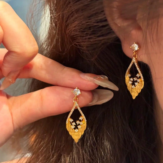 2026 New Golden Brushed Feather Earrings For Women, Retro Light Luxury Brushed Studs With Rhinestone Inlay Fashion Ear Jewelry