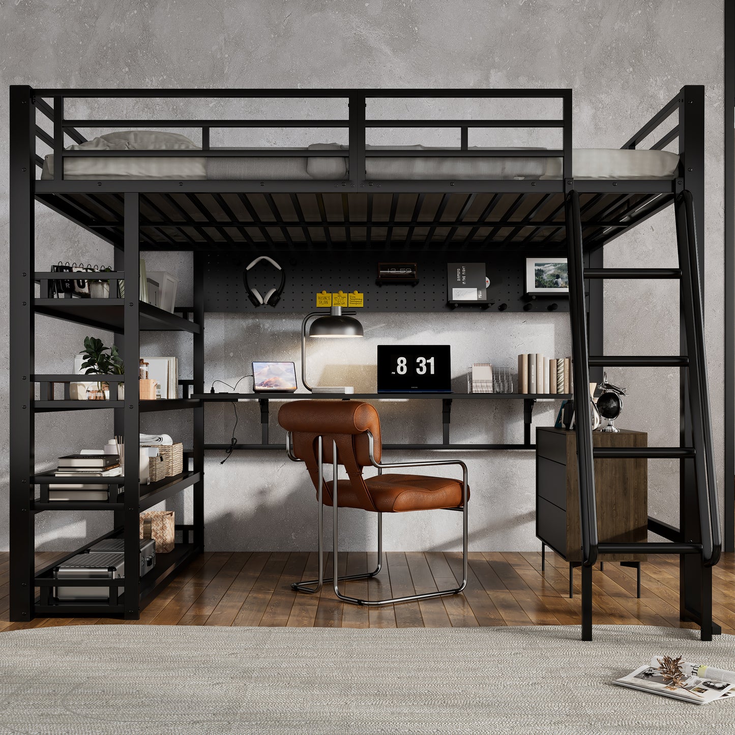 Iron Bed, Loft Bed, With Shelves And Plenty Of Storage Space, Equipped With Charging Port, Four-step Inclined Ladder, Can Hang Objects, Iron  Chipboard, Black, 140x200cm