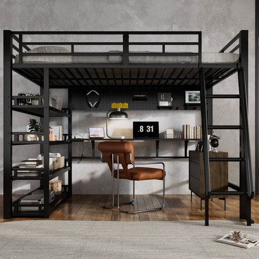 Iron Bed, Loft Bed, With Shelves And Plenty Of Storage Space, Equipped With Charging Port, Four-step Inclined Ladder, Can Hang Objects, Iron  Chipboard, Black, 140x200cm