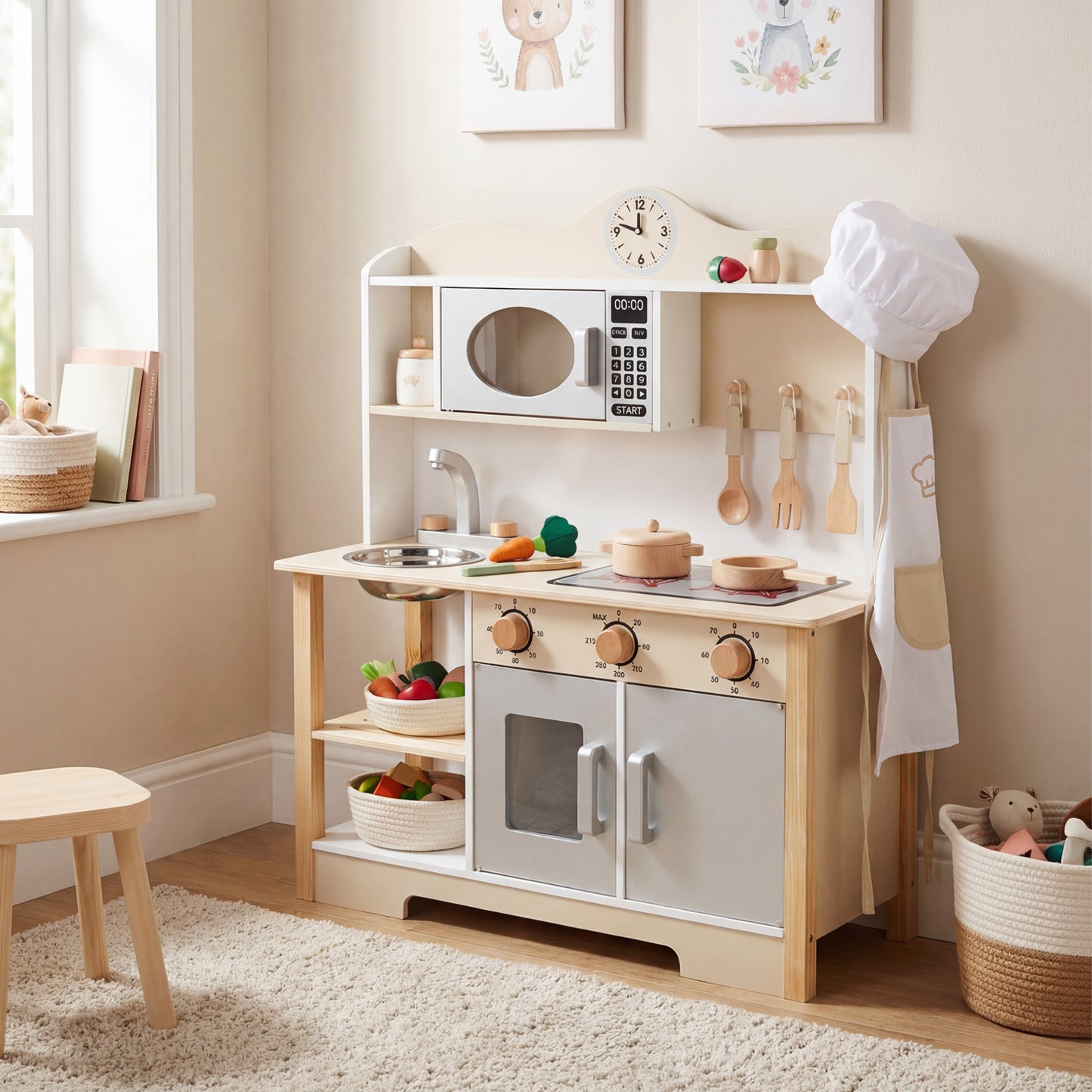 Wooden Play Kitchen Set Realistic Toddler Kitchen Playset With Oven Dishwashing Sink For Children Above 3 Years Old
