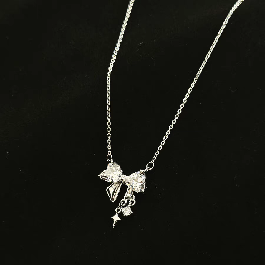 1pc 999 Sterling Silver Diamond-Encrusted Heart Bow Tassel Necklace, Sweet Minimalist Style, Perfect For Daily Wear & Valentine's Gifts
