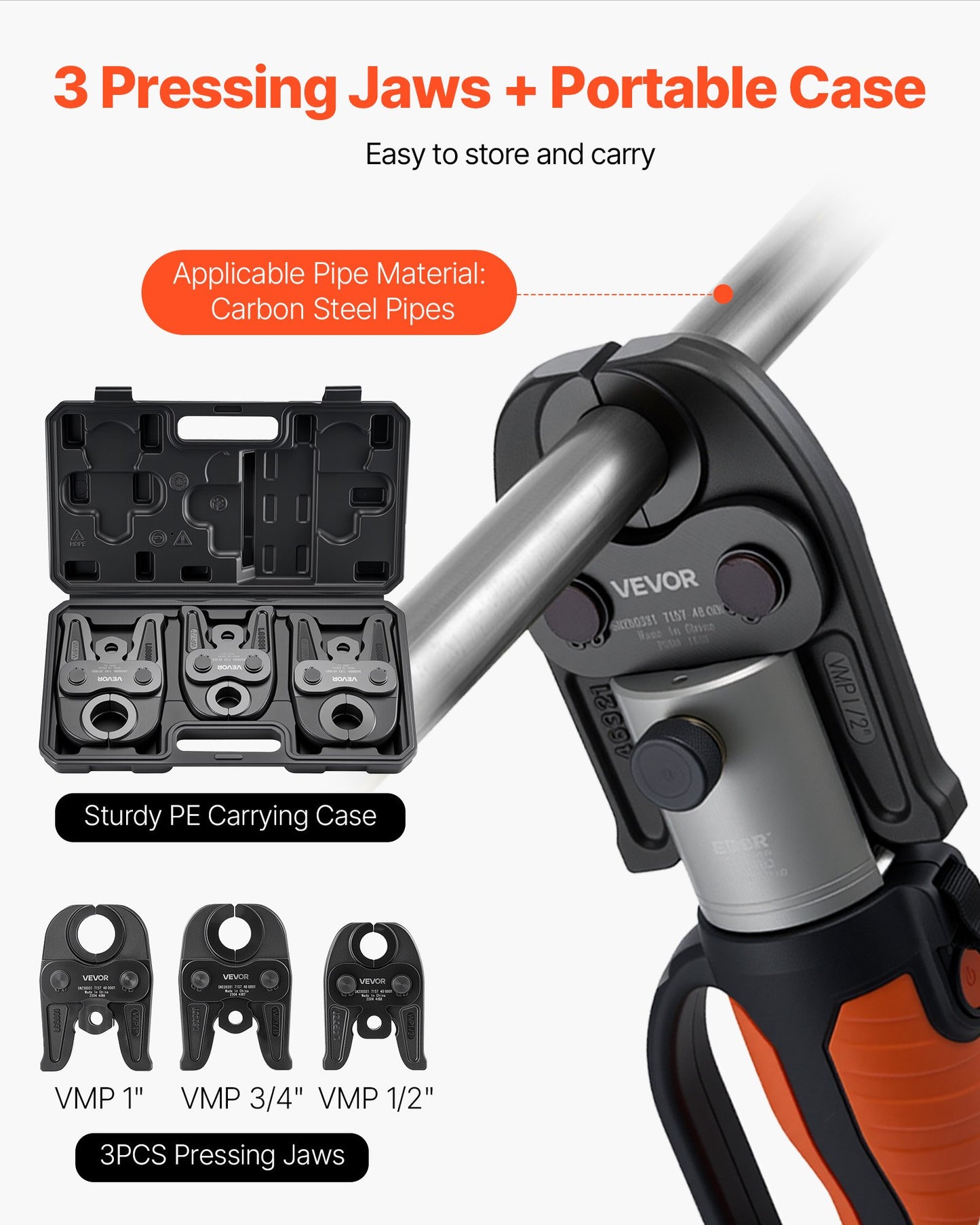 MegaPress Jaws, 3PCS Pressing Jaws 1/2", 3/4" & 1" For MegaPress Carbon Steel Pipes, Compatible With Standard Press Tools, Includes Carrying Case
