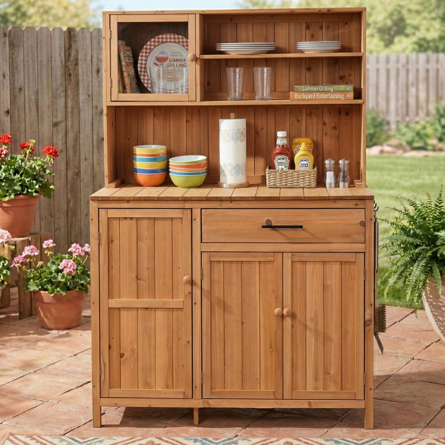 With Assembly Video  TOPAMx Potting Bench With Hutch 65  H Solid Fir Wood Garden Workstation  Large Countertop  Patio Kitchen Island With Adjustable Shelves  Spice Rack  Side Hook And Drawer  Natural