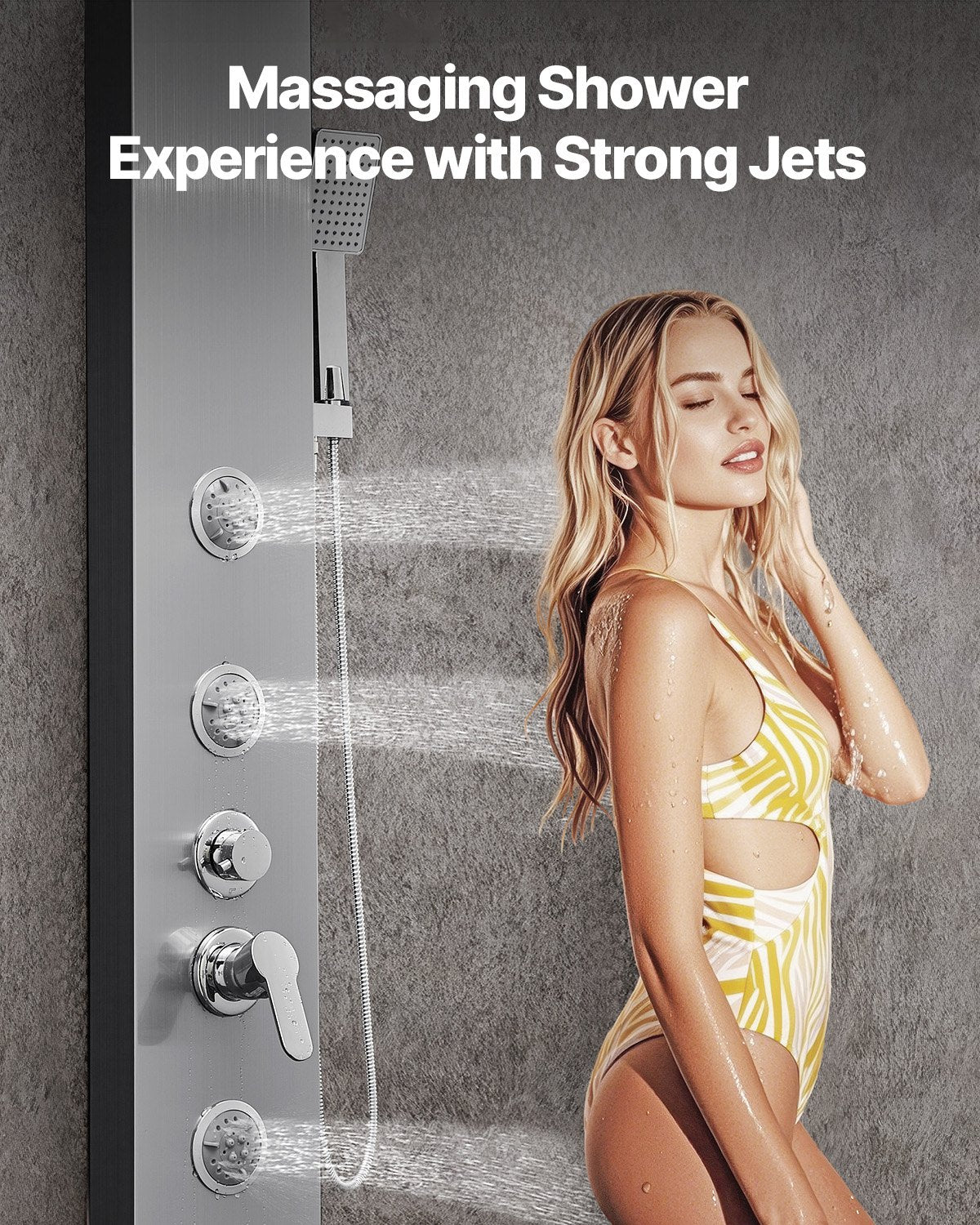 Shower Panel Tower System With Rainfall Waterfall Shower Head, 53 In Brushed Stainless Steel Shower Column, 5-Function Faucet, Wall-Mount Rain Massage System With 3 Body Jet, Handheld, Tub Spout