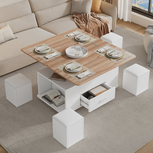 Lift Top Coffee Table With Wheels,  Convertible Dining & Work Table With 4 Stools, Hidden Storage, Extendable Side Table, Space-saving End Table,Tea Table, White  Natural Wood, 100x50x45cm   Folded