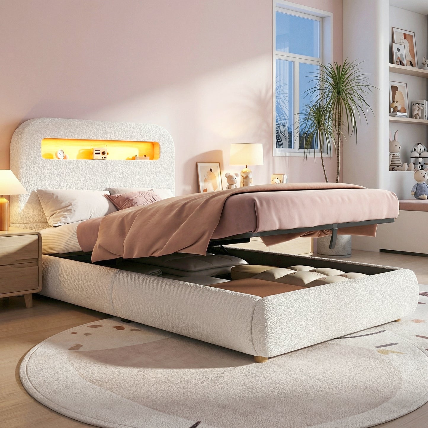 Upholstered Bed, Single Bed, Cot 90 X 200cm, Hydraulic Functional Bed, Bed With Slatted Base, Headboard And Large Storage Space, LED Lighting, Solid Wood Legs, White, Boucle